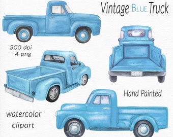 Blue Truck Clipart PNG, Vintage Retro Watercolor Blue Trucks, Farm Classic Truck Farmer&#39;s Pickup, Autumn, Fall, Thanksgiving Harvest Digital