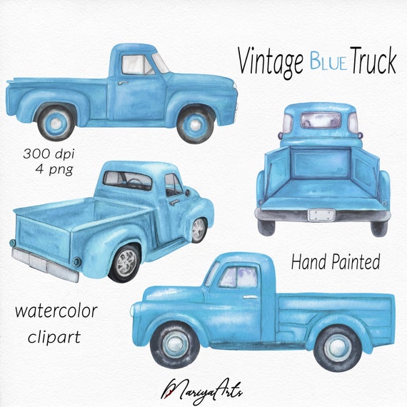 Blue Truck Clipart PNG Vintage Retro Watercolor Blue Trucks Etsy UK