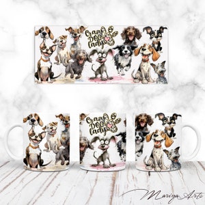 Taza con diseño de perros PNG de 11 oz y 15 oz, diseño de sublimación digital, diseño digital, diseño de taza de café rosa, diseño de taza de café con dibujos de perros ...