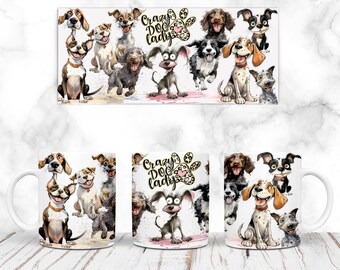 May include: White ceramic mug with a colorful design of cartoon dogs. The mug features the text "Crazy Dog Lady" with a paw print and leopard print heart.