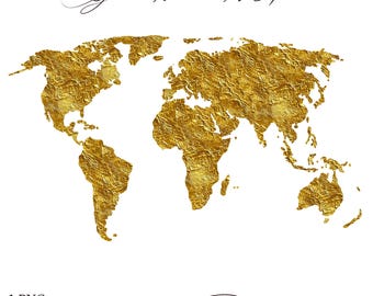 ゴールドの世界地図のシルエット大陸透明な背景PNGゴールドの世界地図