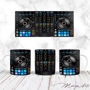 May include: A black DJ mixer and three matching coffee mugs. The mixer and mugs feature a detailed design with knobs, buttons, and glowing blue lights. The mugs have white handles. The design is printed on a white background with a marble pattern.