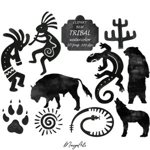 Puede incluir: Conjunto de clipart tribal en acuarela en blanco y negro. Incluye un búfalo, un lobo, un oso, una serpiente, un lagarto, un cactus, una huella de pata, un sol y dos bailarines. Clipart B&W Tribal Watercolor 10 png 300 dpi.