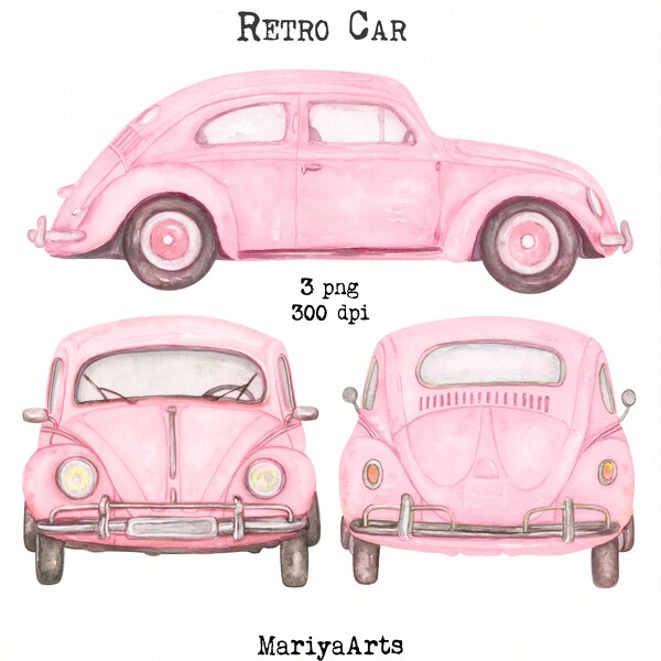 Pink Retro Car Clipart PNG, Vintage Pink Car Images, Retro Classic Car, Pink Automobile, Hand Painted Watercolor Clip Art, Commercial Use