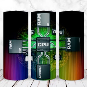 Może przedstawiać: Trzy kubki ze stali nierdzewnej z kolorowym wzorem płyty głównej komputera. Wzór zawiera słowa "RAM", "CPU" i "MODEM" na płycie głównej.