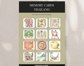 Memory Game Thailand | Memory Cards Montessori | Educational Printables for kids | Dive into Thailand's Culinary and Wildlife Wonders