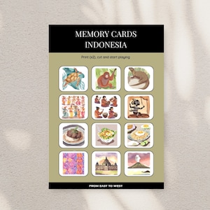 Può includere: Un set di 12 carte memoria colorate con immagini della cultura indonesiana, tra cui danza tradizionale, cibo, animali e monumenti. Le carte sono stampate su carta bianca con un bordo marrone e il testo "MEMORY CARDS INDONESIA" e "Print (x2), cut and start playing" in alto. Il testo "FROM EAST TO WEST" è in basso.