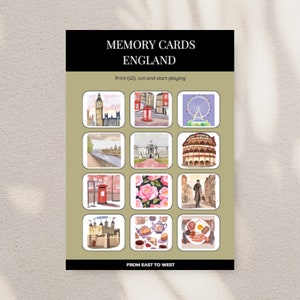 Juego de Memoria Inglaterra | Tarjetas de Memoria Montessori | Imprimibles educativos para niños | Descubre la cultura inglesa y la belleza natural.