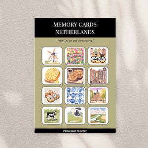 Gioco di memoria Paesi Bassi | Schede di memoria Montessori | Stampabili educativi per bambini | Scopri la cultura olandese e le bellezze naturali