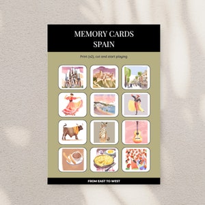Juego de Memoria España | Tarjetas de Memoria Montessori | Imprimibles educativos para niños | Descubre la cultura española y la belleza natural.