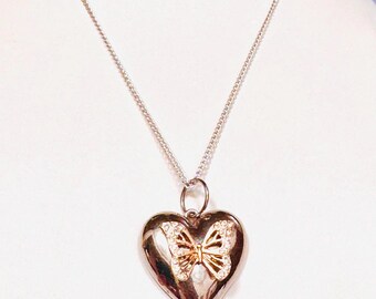 Silver Tone Chain Silver Tone Heart with Rhinestone Gold Tone Butterfly Pendant