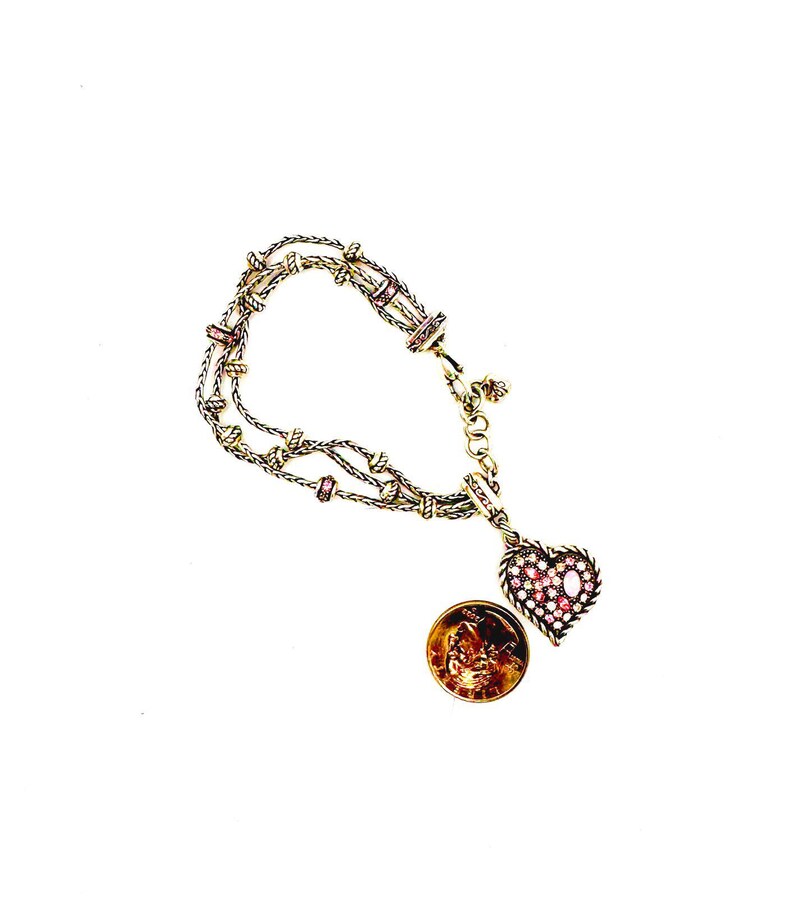Brighton 3 strand silver tone chain & beaded bracelet; pink crystal heart charm image 8
