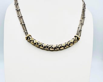 Vintage Brighton 3 strand silver tone beaded chain w/braided curved bar necklace
