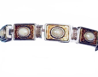 Brighton Two Tone Scrolled Engraved Faux Pearl Cabochon Bracelet