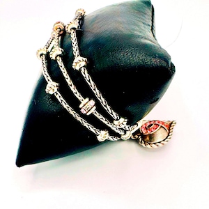 Brighton 3 strand silver tone chain & beaded bracelet; pink crystal heart charm image 3
