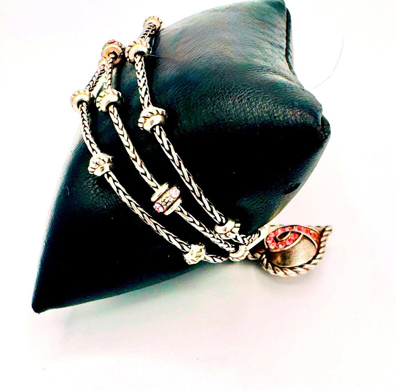 Brighton 3 strand silver tone chain & beaded bracelet; pink crystal heart charm image 3