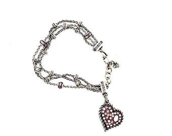 Brighton 3 strand silver tone chain & beaded bracelet; pink crystal heart charm