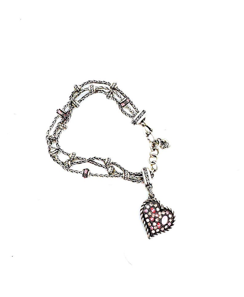 Brighton 3 strand silver tone chain & beaded bracelet; pink crystal heart charm image 1