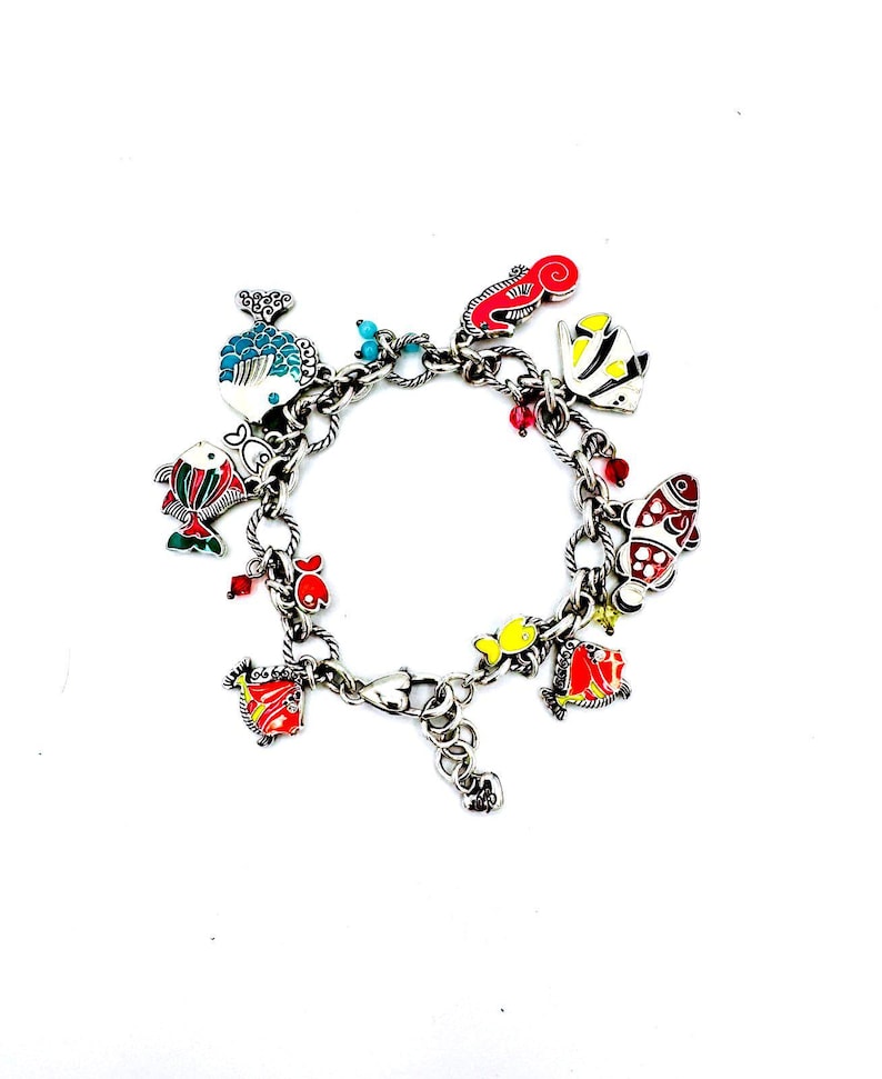 Brighton silver plated tropical fish various enamel colorscharm bracelet image 1