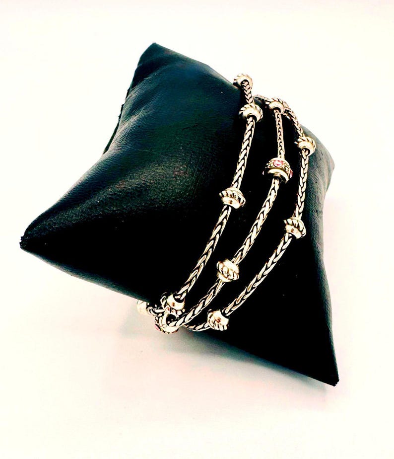 Brighton 3 strand silver tone chain & beaded bracelet; pink crystal heart charm image 6