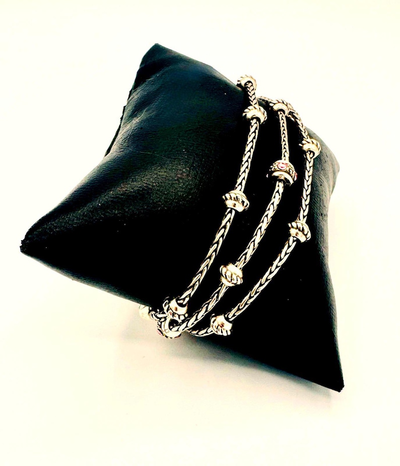 Brighton 3 strand silver tone chain & beaded bracelet; pink crystal heart charm image 4