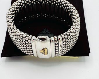 Authentic Lagos Polished Sterling Silver 18K Gold Accent Caviar Cuff