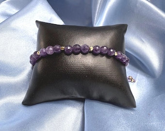 Gorjana Faceted Round Amethyst and Gold Tone Beaded Adjustable Bracelet