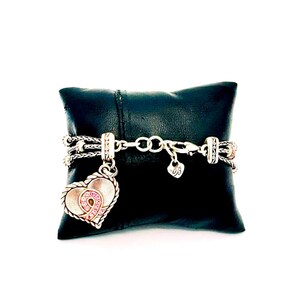 Brighton 3 strand silver tone chain & beaded bracelet; pink crystal heart charm image 7