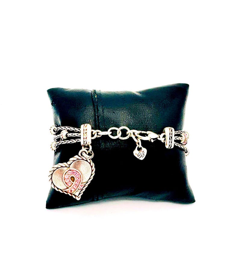 Brighton 3 strand silver tone chain & beaded bracelet; pink crystal heart charm image 7