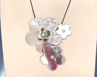 Brighton Silver Tone Chain Scrolling Rhinestone Flower Pendant Necklace