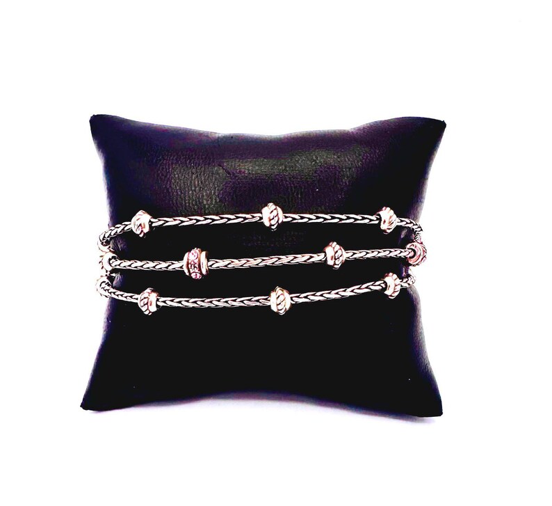 Brighton 3 strand silver tone chain & beaded bracelet; pink crystal heart charm image 2