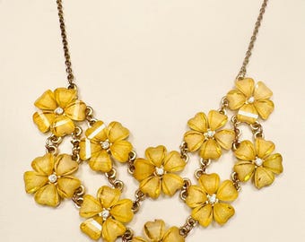 1980's Yellow/Gold Sparkling Glass Flowers w/ Rhinestones Chain Necklace