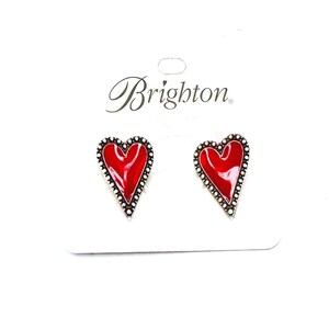 Brighton NWT silver plated bright red heart pierced huggee style earrings image 1