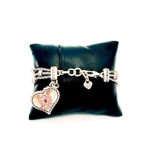 Brighton 3 strand silver tone chain & beaded bracelet; pink crystal heart charm image 5