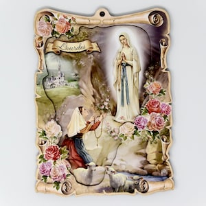 2D Lourdes Apparitions Wall Plaque Depicting Saint Bernadette and Our Lady of Lourdes.