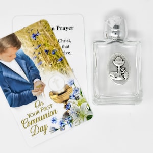 Tarjeta de oración del día de la comunión del niño y botella de agua de Lourdes