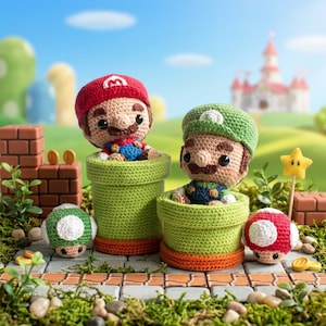 May include: Crocheted Mario and Luigi dolls in green pipes, with a red mushroom, a green mushroom, and a star. The dolls have brown hair, mustaches, and are wearing overalls. The background includes a brick wall, coins, and a castle.