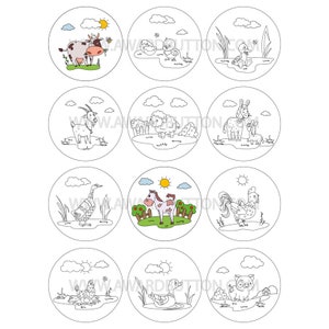 Op de afbeelding: Negen zwart-wit illustraties van boerderijdieren, elk in een cirkel. De dieren omvatten een koe, een geit, een schaap, een giraffe, een paard, een haan, een eend en een varken. Elk dier is omringd door eenvoudige tekeningen van gras, wolken en de zon.