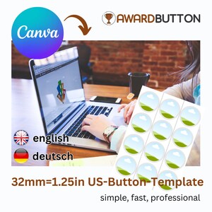 May include: A Canva design template for creating 1.25 inch US-button stickers. The template features a simple, green, and blue landscape design with a white cloud. The text "32mm=1.25in US-Button-Template" and "simple, fast, professional" is displayed below the image.