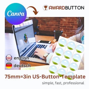 Könnte beinhalten: Eine Canva-Designvorlage für 7,6 cm große US-Knopfaufkleber. Die Vorlage zeigt ein einfaches, grünes und blaues Landschaftsdesign mit einer weißen Wolke. Der Text "75mm=3in US-Button-Template" und "einfach, schnell, professionell" wird unter dem Bild angezeigt.