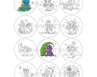 56mm = 2.25in Button / Badge Vorlage zum Ausmalen: Baby Drachen – 12 Ausmalbildern