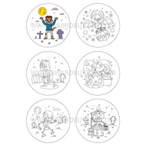 May include: Set of six black and white Halloween themed coloring pages. Each page features a different character or scene, including a werewolf, a bat, a zombie, a cauldron, a skeleton, and a witch. The pages are circular and have a white background.