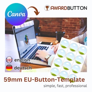 Könnte beinhalten: Eine Vorlage zum Erstellen von 59 mm großen EU-Knöpfen mit Canva. Die Vorlage zeigt ein Design mit einem grünen Hügel, einer weißen Wolke und einem blauen Himmel. Der Text "59mm EU-Button-Template" und "einfach, schnell, professionell" wird unter dem Bild angezeigt.