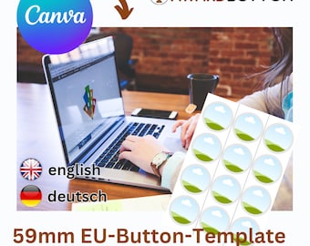 59 mm EU - Button / Badge - Template for Canva (FREE ACCOUNT) in several languages, A4 format