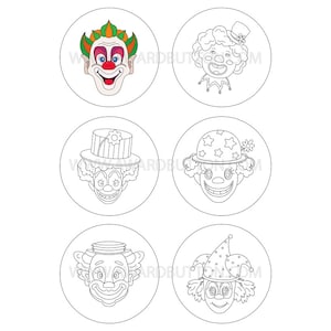 59mm = 2.3in Button / Badge Vorlagen zum Ausmalen: Clown-Gesichter – 6 Ausmalbildern, Teil-1