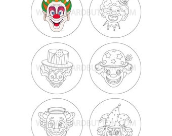 59mm = 2.3in Button / Badge Vorlagen zum Ausmalen: Clown-Gesichter – 6 Ausmalbildern, Teil-1