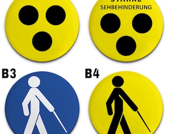 Blindenanstecker/Blindenbutton 56, 37, 75mm: 4 verschiedene Buttondesign mit Sicherheitsnadel, Krokoclip 360, Kleidungsmagnet