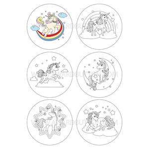 May include: Six circular buttons featuring black and white line art of unicorns. One button is colored with a rainbow, blue clouds, and a cream unicorn. The designs include unicorns with stars, clouds, moons, and rainbows in various whimsical arrangements.