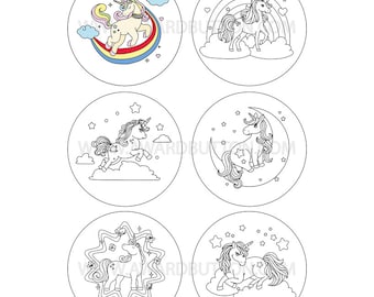 59 mm = 2,3 inch Knopen-/badgekleursjablonen: Eenhoorns – 6 kleurplaten, deel 2