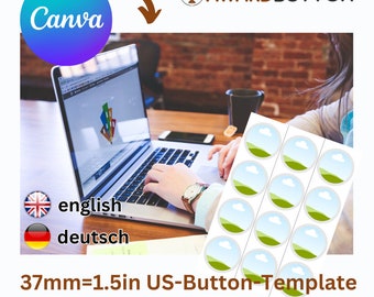 37 mm = 1.5in US - Button / Badge - Template for Canva (FREE ACCOUNT) in several languages, A4 format